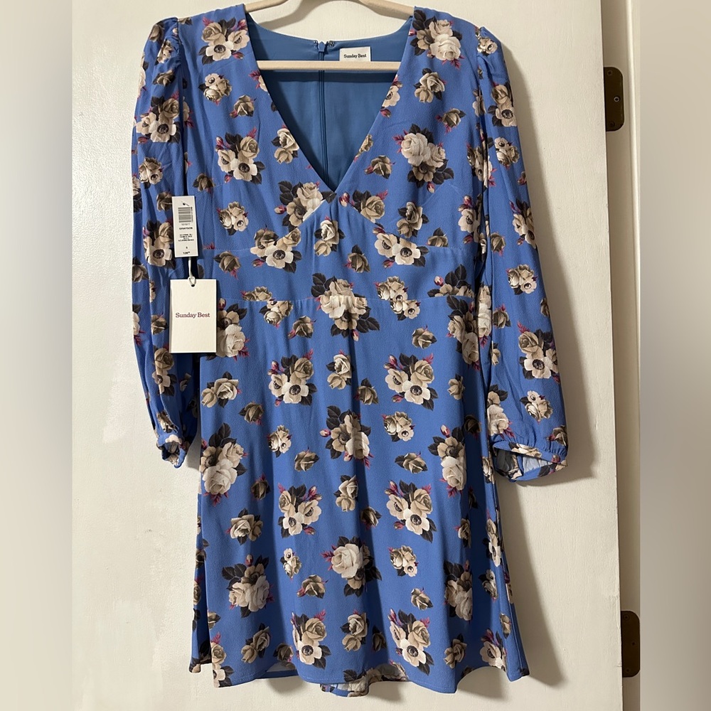Aritzia Periwinkle Blue Floral V-Neck Long Sleeve Dress - Picture 5 of 6